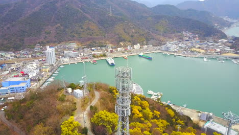aerial shot of bizen hinase, okayama, japan.fly over the communication tower