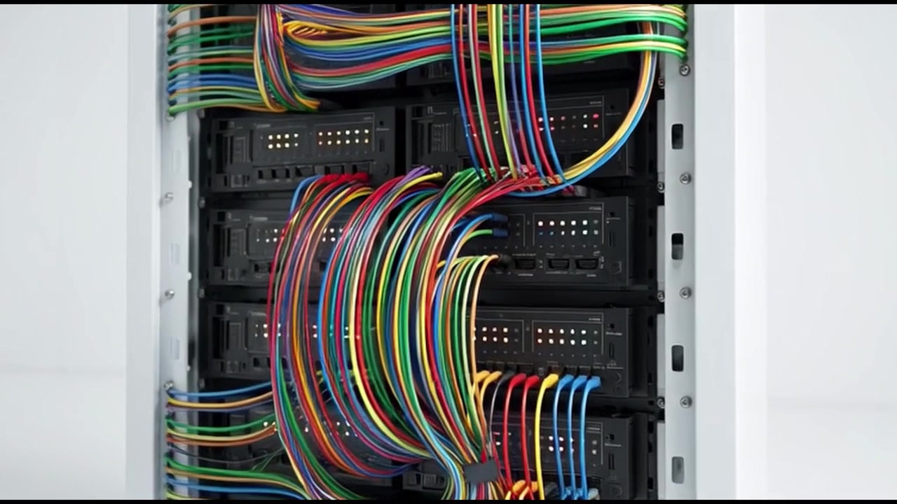 Close-up of Server Rack with Organized Colorful Cables