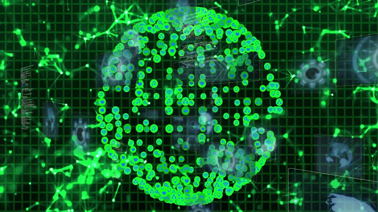 Futuristisk digital netværkssfære med glødende ikoner og datavisualisering