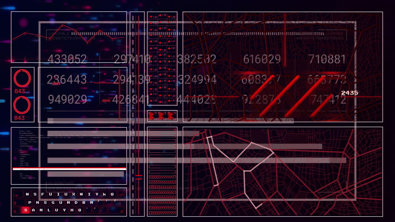 Futuristic UI displaying scrolling code blocks, pulsing gauges, moving ticker bars, navigating map