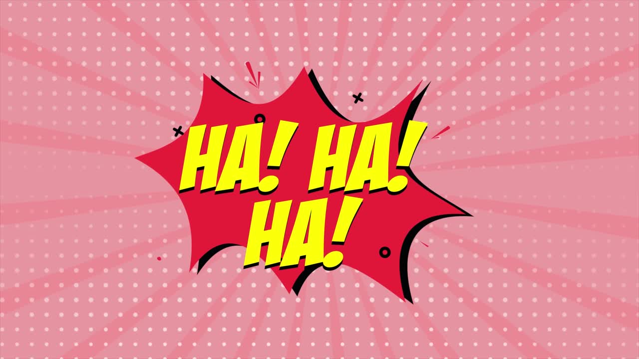 una animación de dibujos animados de tira cómica, con la palabra ha ha ha apareciendo. fondo rojo y medio tono, efecto de forma de estrella