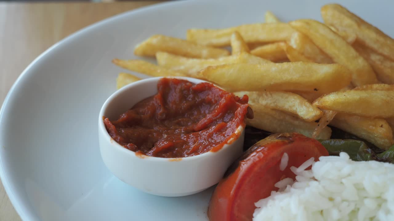 Chicken with Fries, Rice, and Vegetables