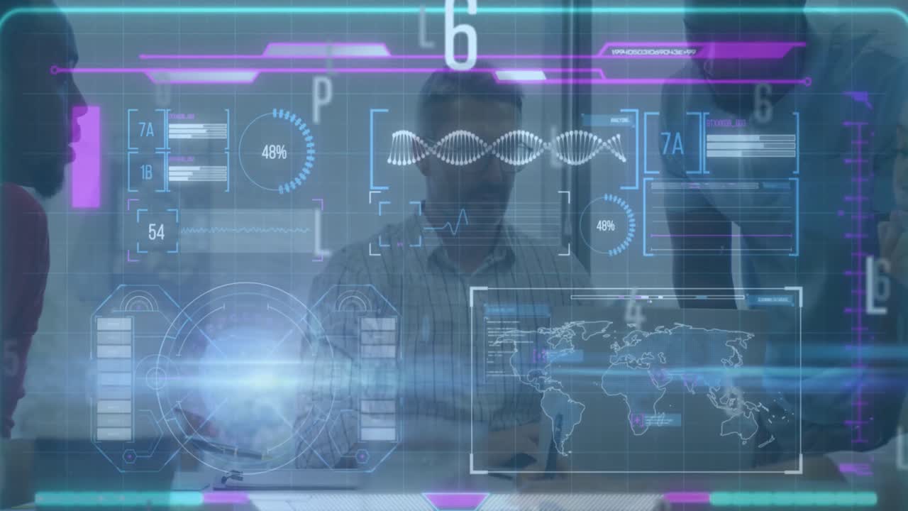 animación de pantallas con procesamiento de datos sobre cuerpo rojo.