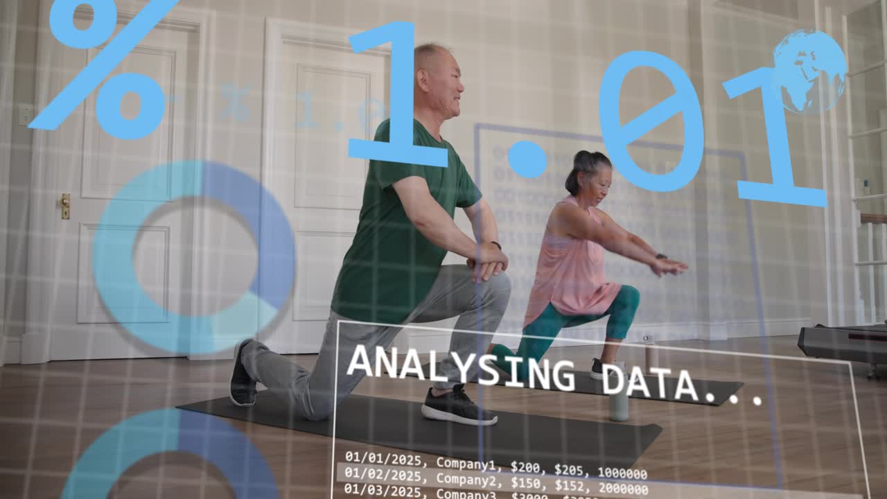 Man kneeling, woman lunging on mats, data overlays appearing and analysing fitness with graphs
