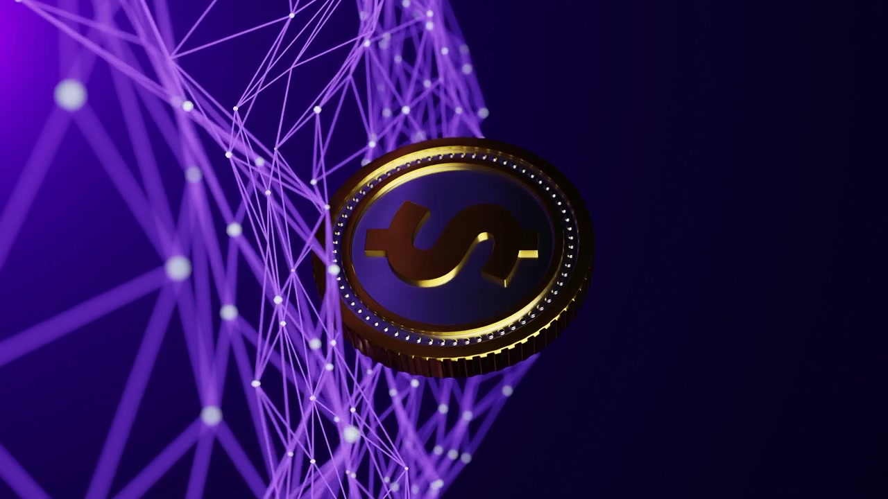 Golden coin with dollar symbol floating above a digital purple network grid on a dark background. Cryptocurrency and financial technology concept. Design for banner, poster, wallpaper, and vertical