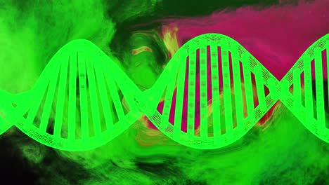 rotating green dna strand over green and red smoke cloud background