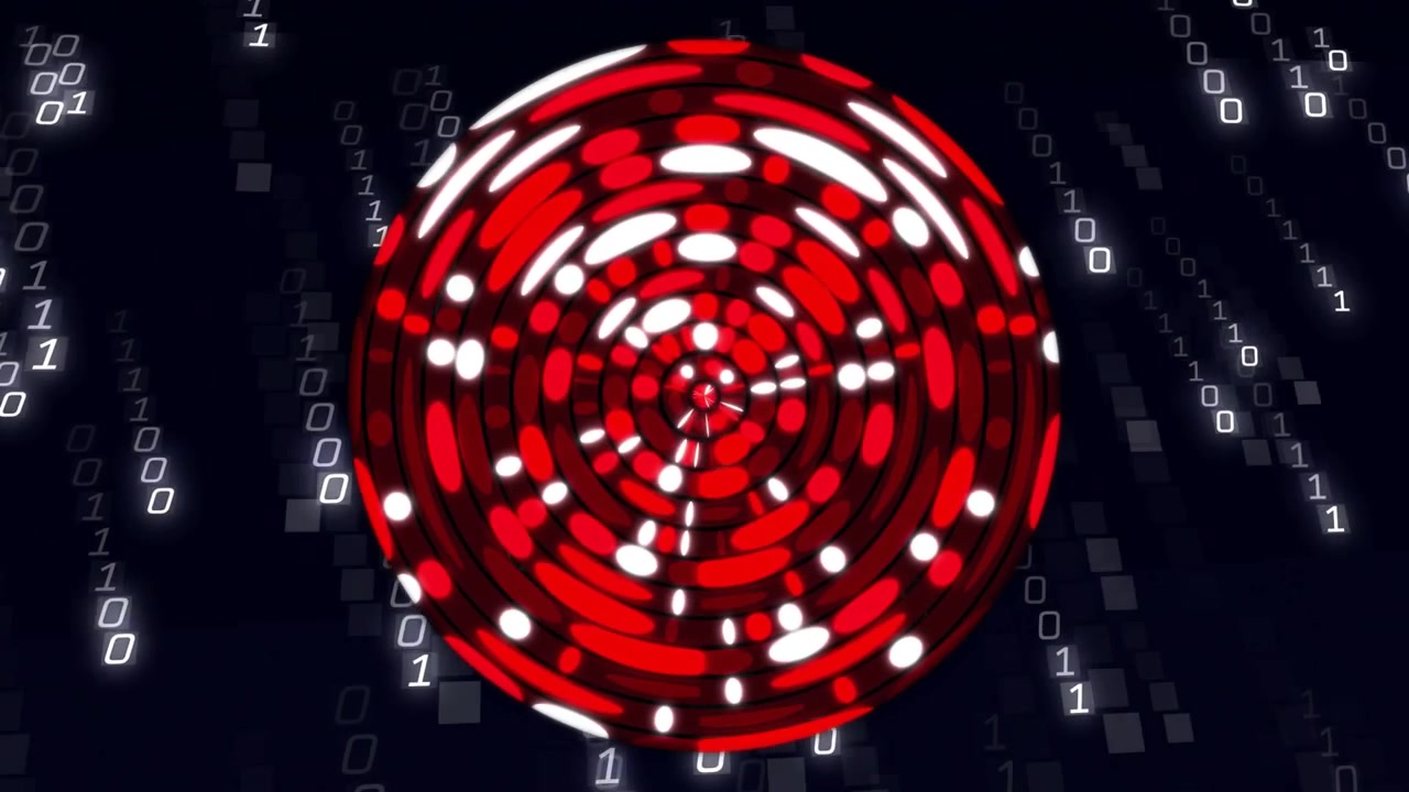 Digit 1 floating starting concentric rings rotating, binary streams falling illustrating data flow