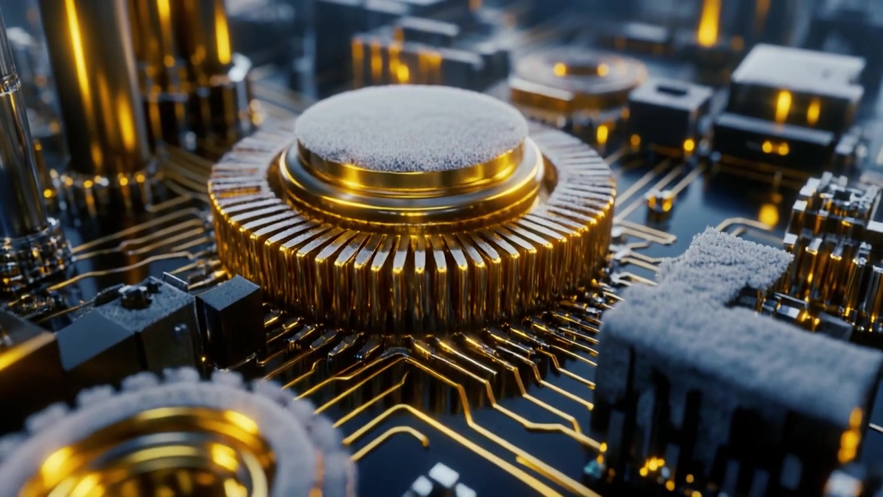 Närbild av futuristisk gyllene processor på datorkretskort