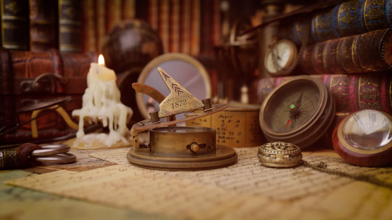 Vintage style travel and adventure. Vintage old compass and other vintage items on the table