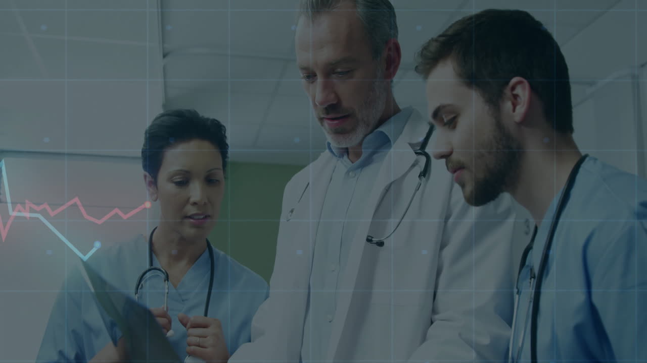 의료 전문가들이 그래프와 그리드 애니메이션을 통해 환자 데이터를 논의하고 있습니다.