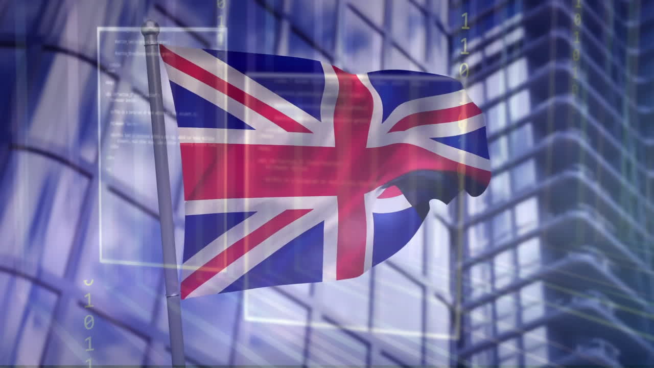 British flag waving over digital data processing animation and modern building