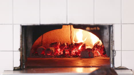 a man adds a log of firewood to hot coals burning in the clay oven at an artisan bakery, close up