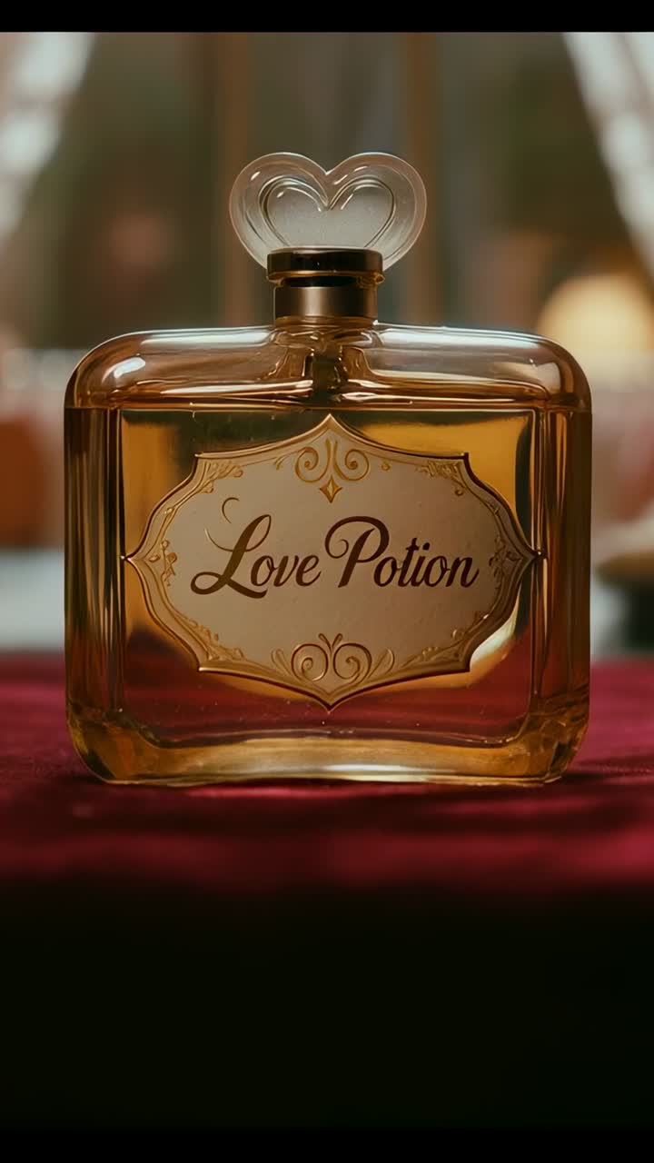 Video verticale: obiettivo con zoom su una bottiglia su un mobile da toeletta, che rivela l'etichetta Love Potion e un fermacorda a forma di cuore