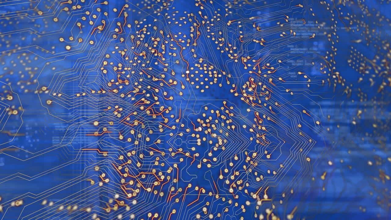 animación de la placa de circuitos informáticos y procesamiento de datos en la sala del servidor