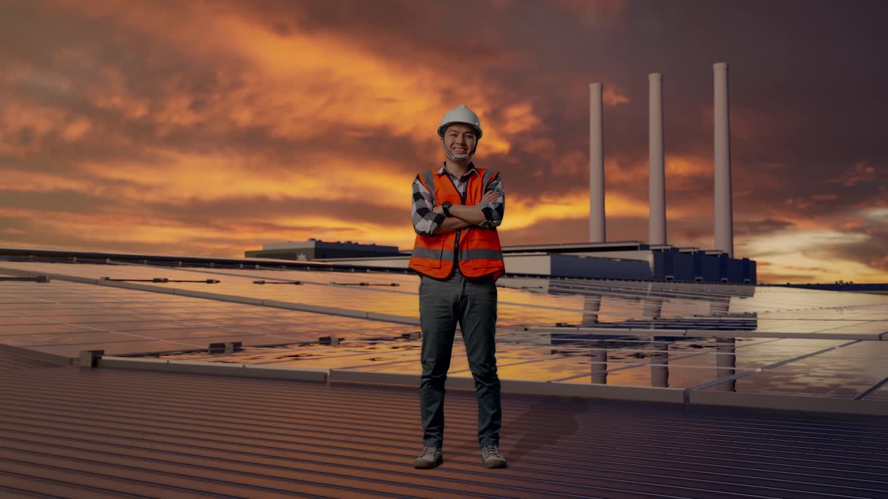 Full Body Of Asian Male Engineer With Safety Helmet Crossing His Arms And Smiling To Camera While Standing, Inspecting Solar Panels on Rooftop at Sunset