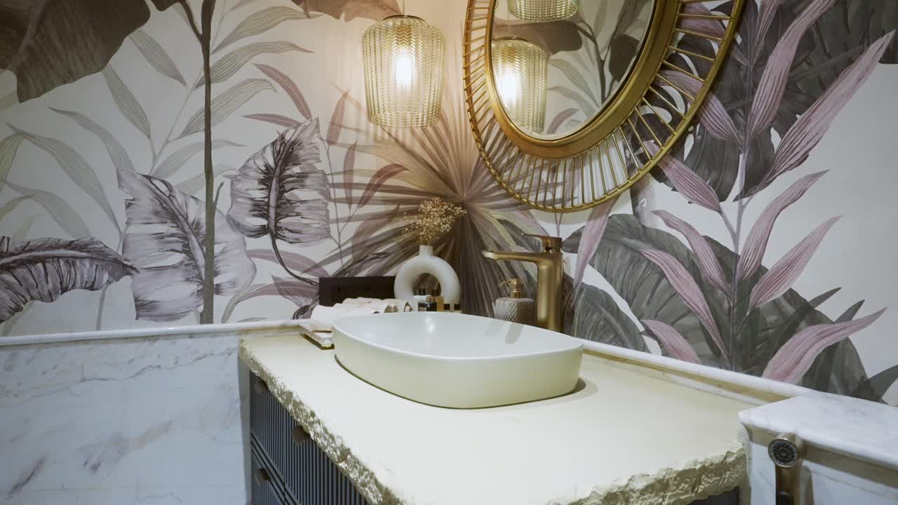 Luxury Bathroom With Tropical Nature Wallpaper Interior