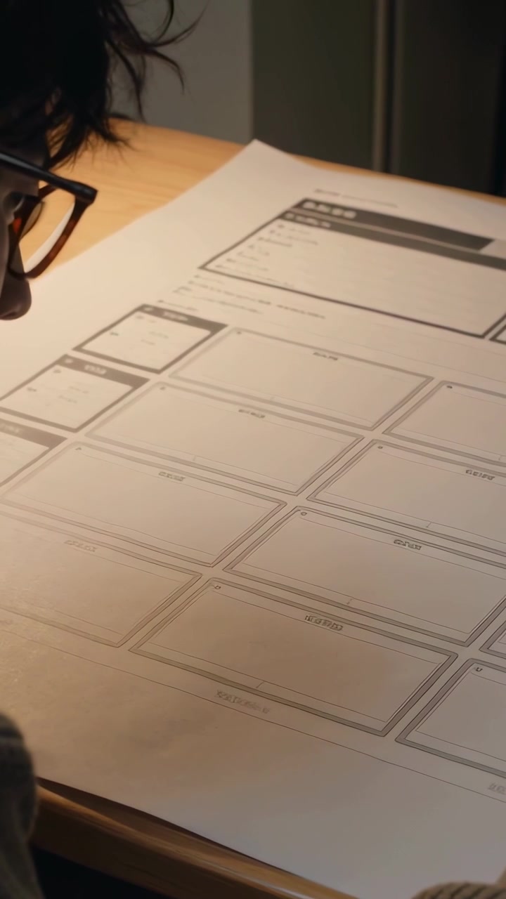 Vídeo vertical: Mulher de óculos inclinando-se da esquerda, analisando layout na escrivaninha ao lado da luminária, com espaço para texto.