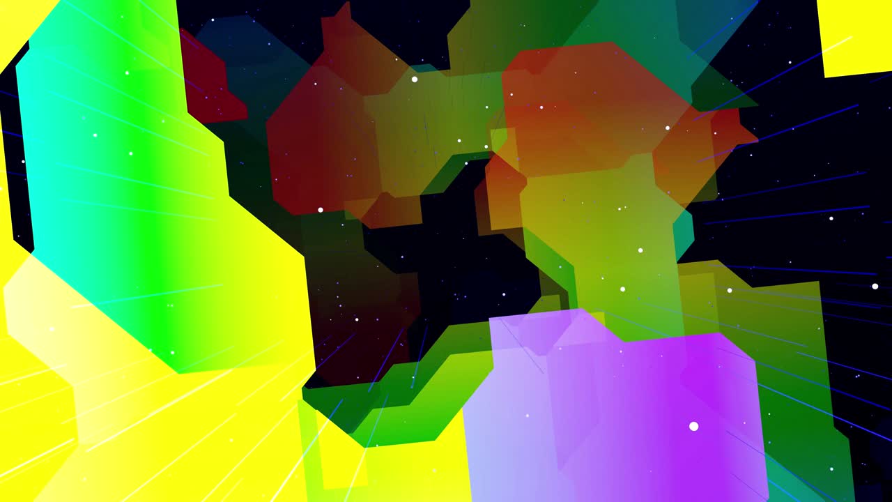 movimiento gráfico abstracto colorido en bucle bg arte moderno, volar en el espacio artístico, estructura multicapa con patrón, partículas de brillo y líneas. textura ornamental color gradiente arco iris. diseño de movimiento vj bucle.