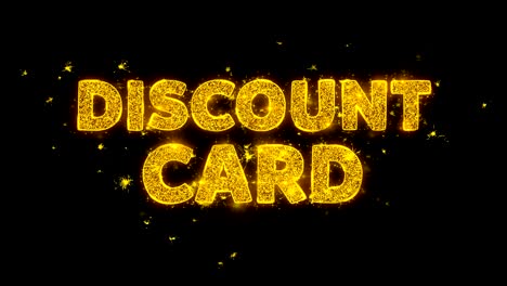 discount card text sparks particles on black background.