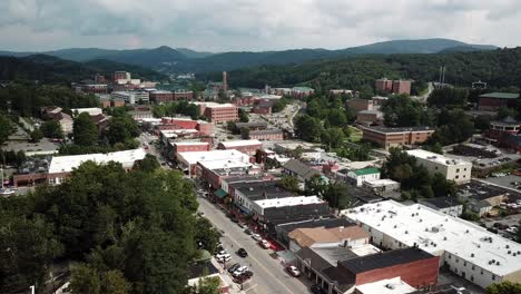 aerial pull out over businesses along king street in boone nc