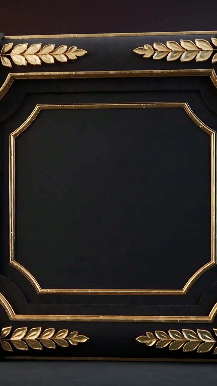 Vertical video: Straightening camera centering decorative panel on dark wall, revealing gold motifs