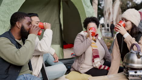 friends, cheers and people camping outdoor