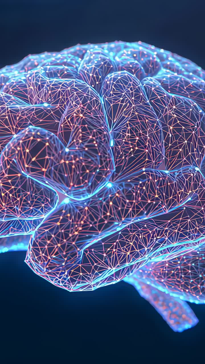 Vertical video: Rotating camera revealing 3D brain pulsing neural mesh to show link, magenta sweep