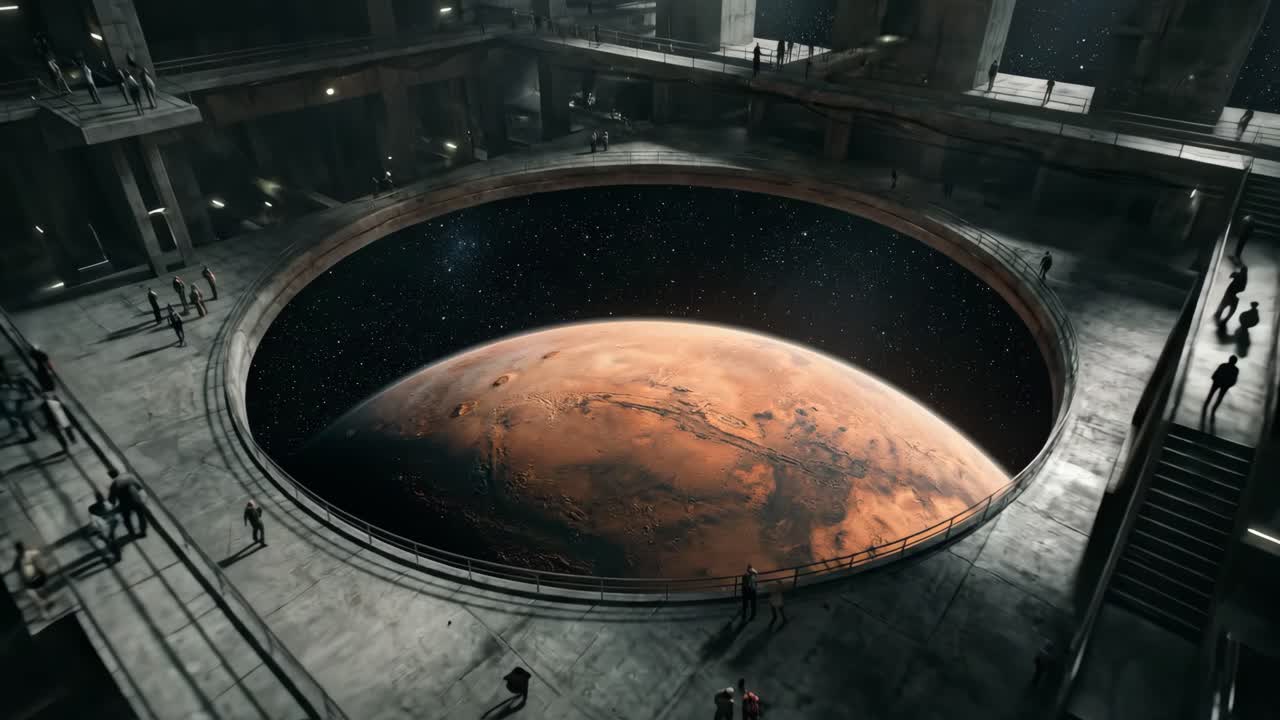 Observatório Futurista com Pessoas Observando o Planeta Marte no Espaço