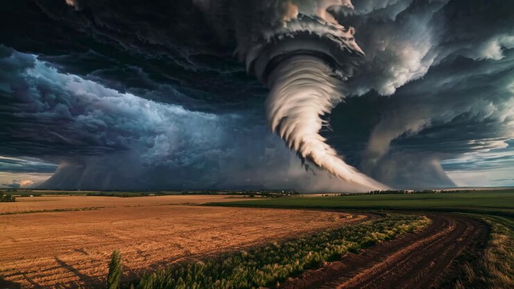Dramatic wide-angle video shot of a swirling tornado over open fields, capturing the raw power