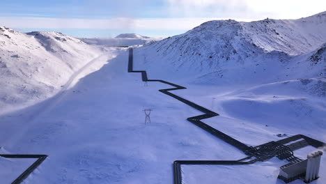 a geothermal power plant in snowy iceland, with steam pipelines snaking across the landscape, aerial view