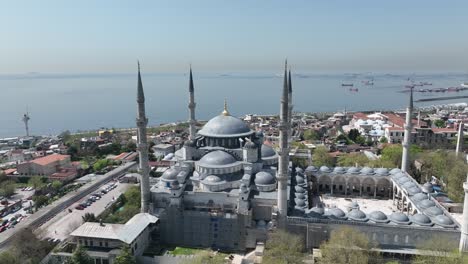 renovated blue mosque and hagia sophia drone video, april 2022 fatih, istanbul turkey