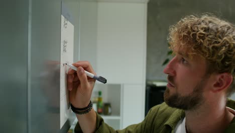 hombre escribiendo en un calendario de refrigerador