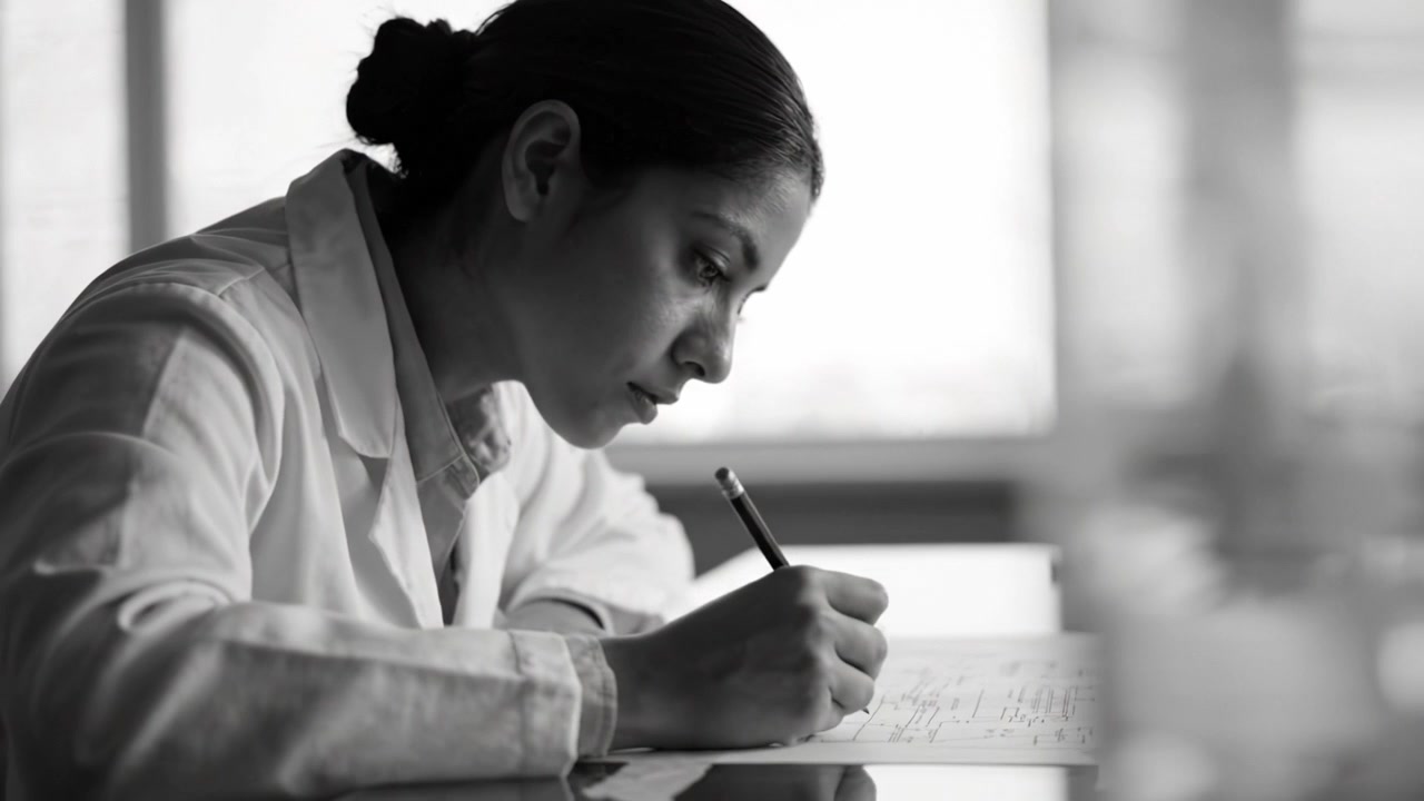 Focused Researcher Sketching Detailed Plans on Paper, Analyzing Complex Data and Formulating Innovative Ideas for Future Projects with Dedication and Precision.