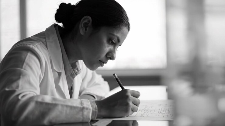 Focused Researcher Sketching Detailed Plans on Paper, Analyzing Complex Data and Formulating Innovative Ideas for Future Projects with Dedication and Precision.