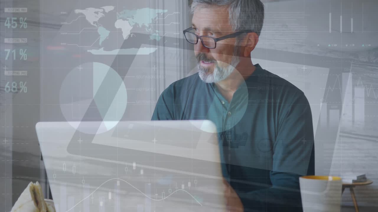 Animation of infographic interface over caucasian man wearing spectacles working on laptop