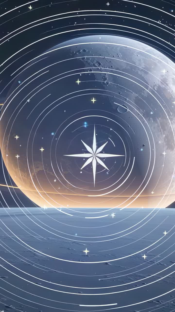 Vertical video: Opening compass rose rotating rings in space with rising planet and drifting stars
