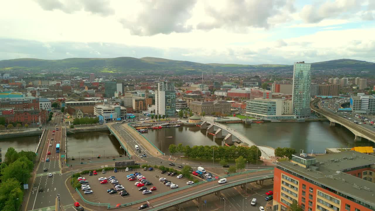 4K aerial video of Belfast City centre on a bright and sunny afternoon. Produced in 4K, 60FPS and with Rec709 color