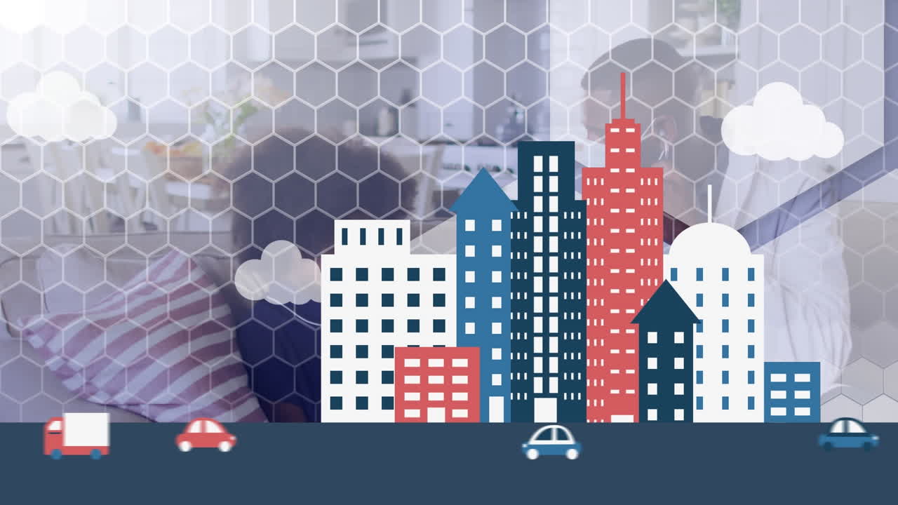 얼굴 마스크를 쓴 아프리카계 미국인 의사가 병든 소년을 검사하는 집과 육각형의 애니메이션