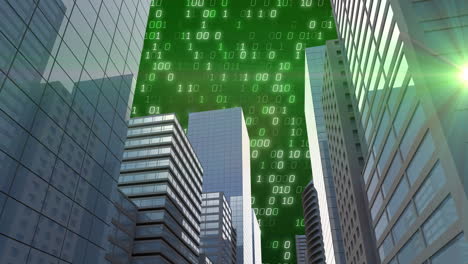 animation of binary coding, financial data processing over bank buildings