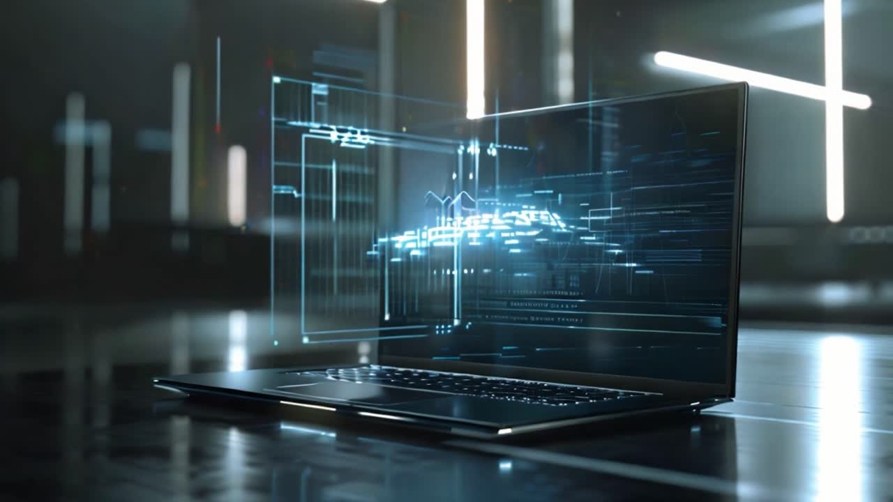 Futuristic Laptop with Holographic Data Display in a Modern Environment