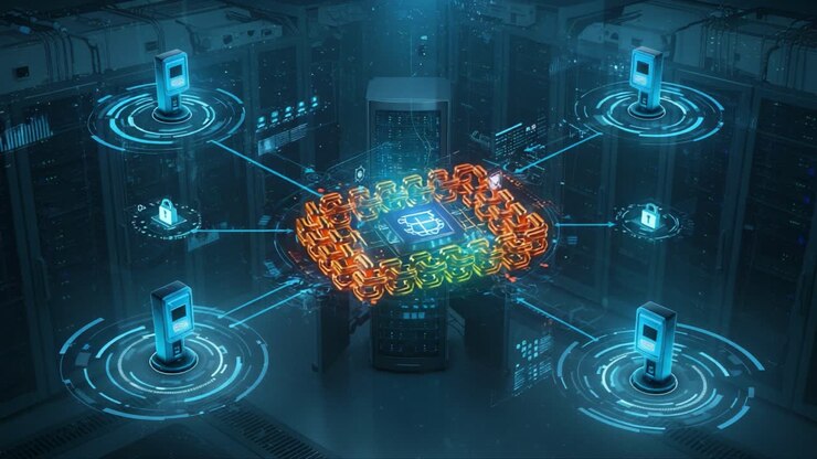 Una visualizzazione futuristica di una rete di calcolo quantistico con nodi dati sicuri e circuiti di elaborazione avanzati in un ambiente di data center high-tech.