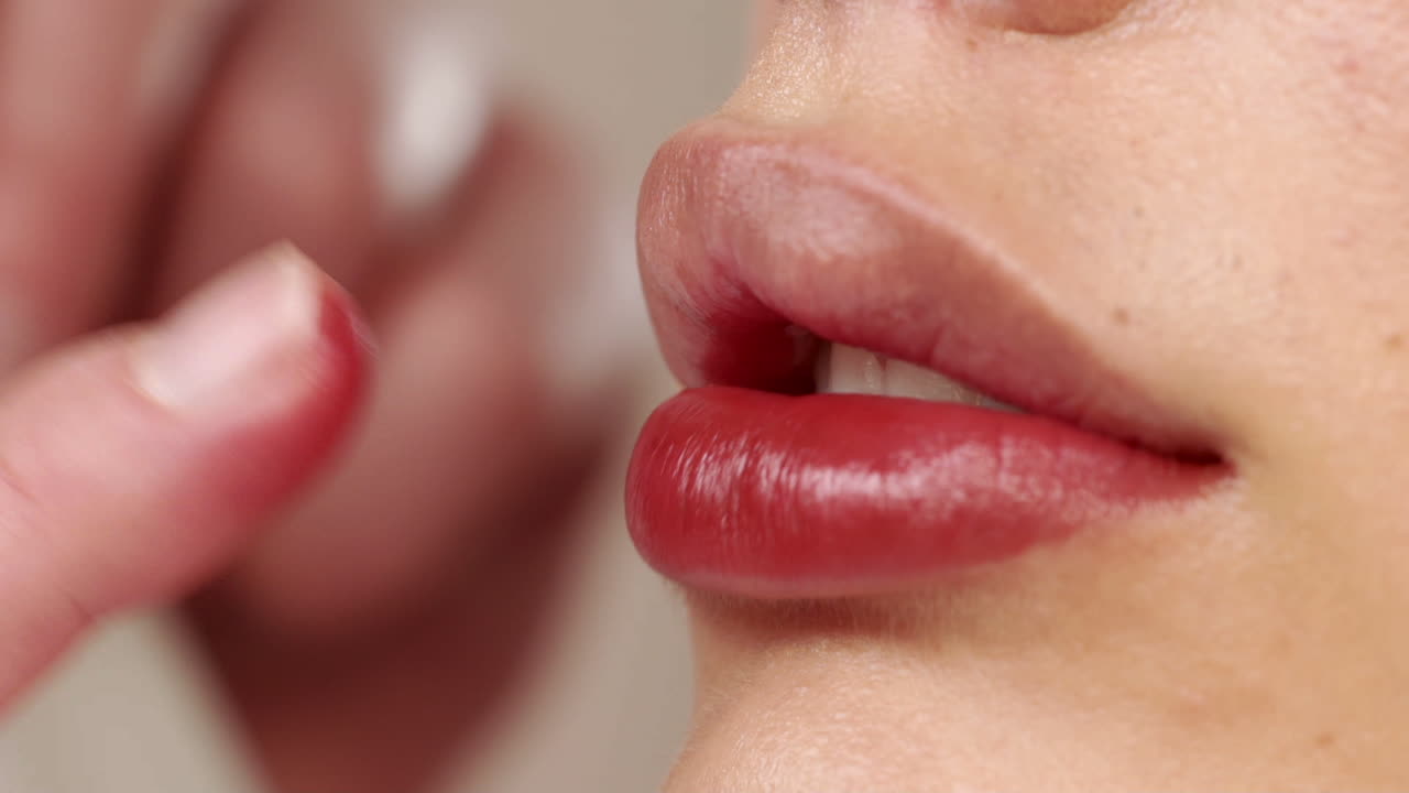 aplicar lápiz labial rojo en labios hermosos