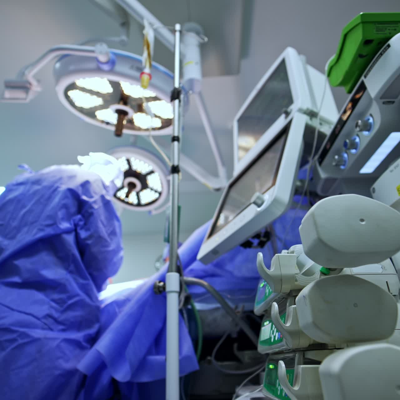 Medical equipment functioning in the modern surgical room. Group of surgeons operate the patient. Low angle view