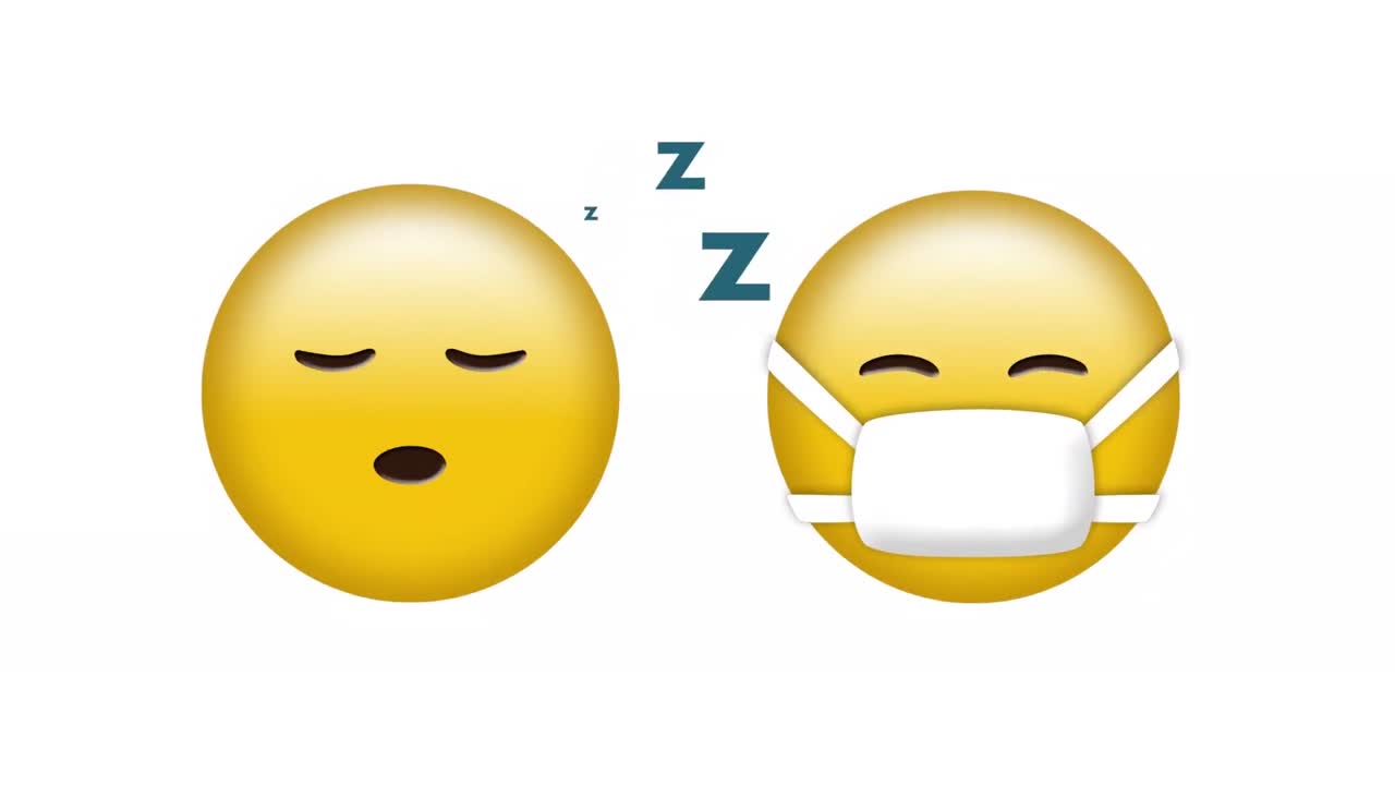 ⁇ 색 배경 위에 잠을 자고 얼굴 마스크 이모지 아이콘의 애니메이션
