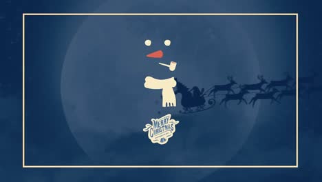 animación de texto de feliz navidad y muñeco de nieve sobre el paisaje nocturno