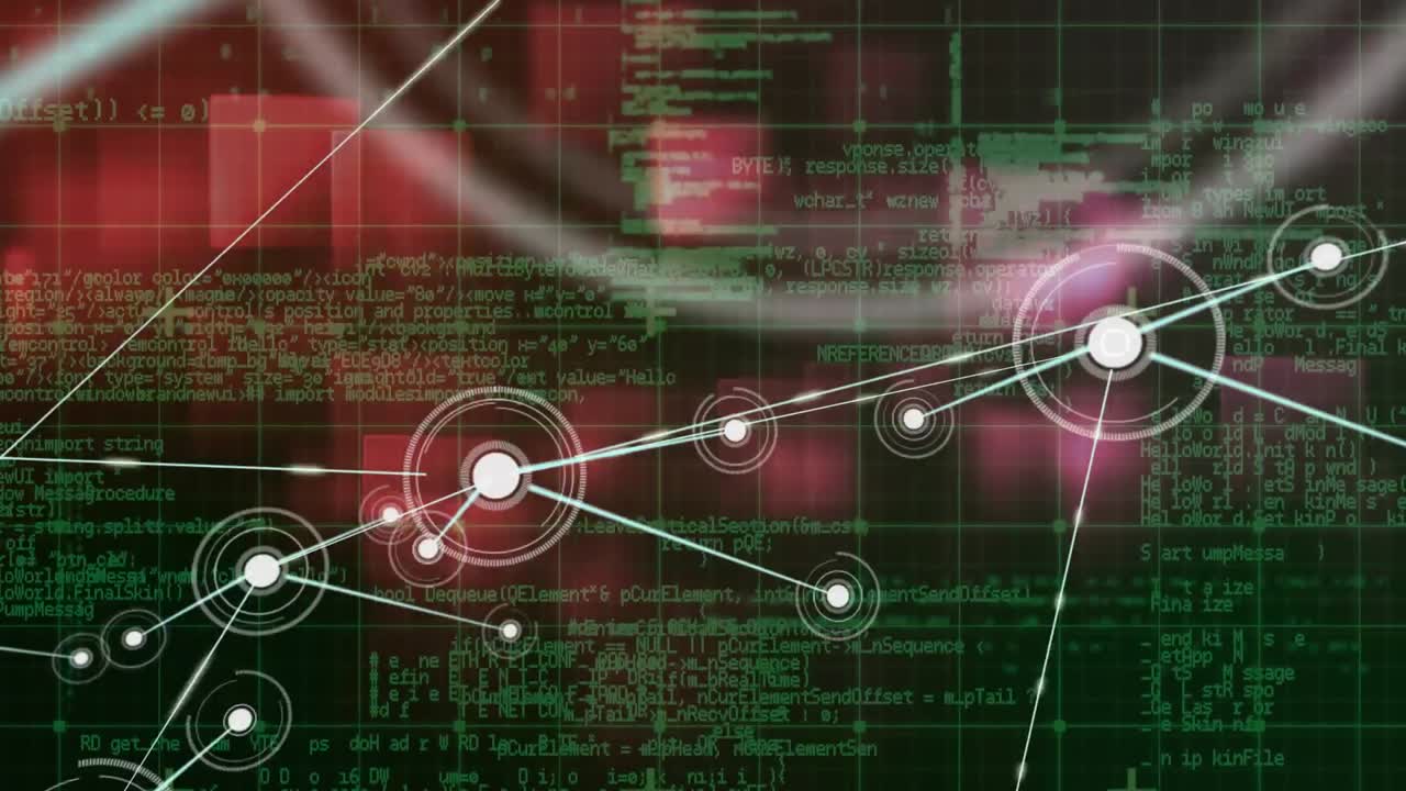 animación de puntos conectados sobre el patrón de cuadrícula contra el lenguaje informático de bucle y los cuadrados
