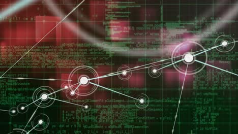 Animation-of-connected-dots-over-grid-pattern-against-looping-computer-language-and-squares