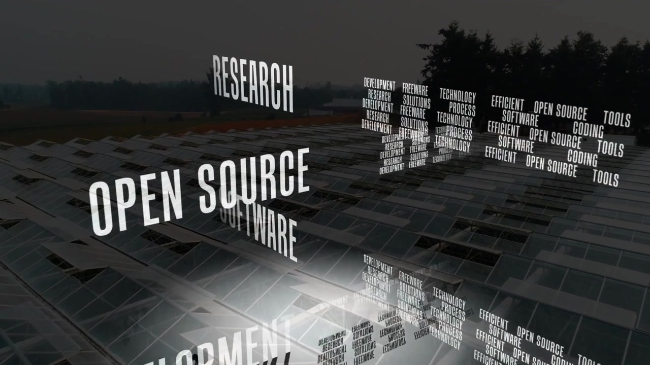 Opening with aerial view over solar panels text cluster fading, rotating, showcasing research