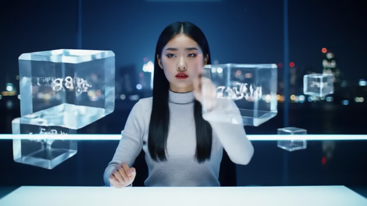 Woman Interacting with Holographic Cubes