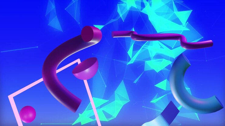 Animaatio abstrakteista 3D-muodoista sinisellä taustalla